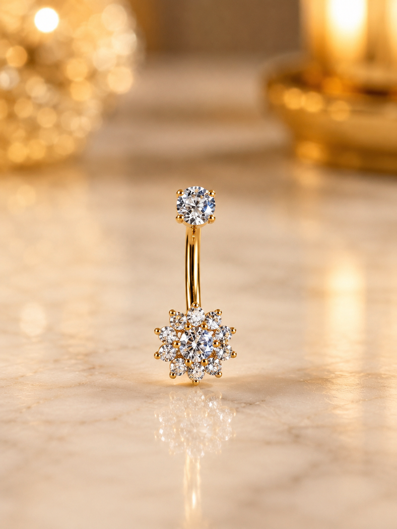 Luxury Flower Crystal Belly Piercing – Titanium Gold Edition💎