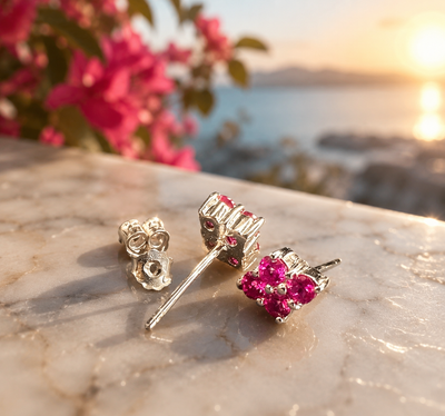 💗 Premium Silver Pink Crystal Flower Stud Earrings ✨ View 2