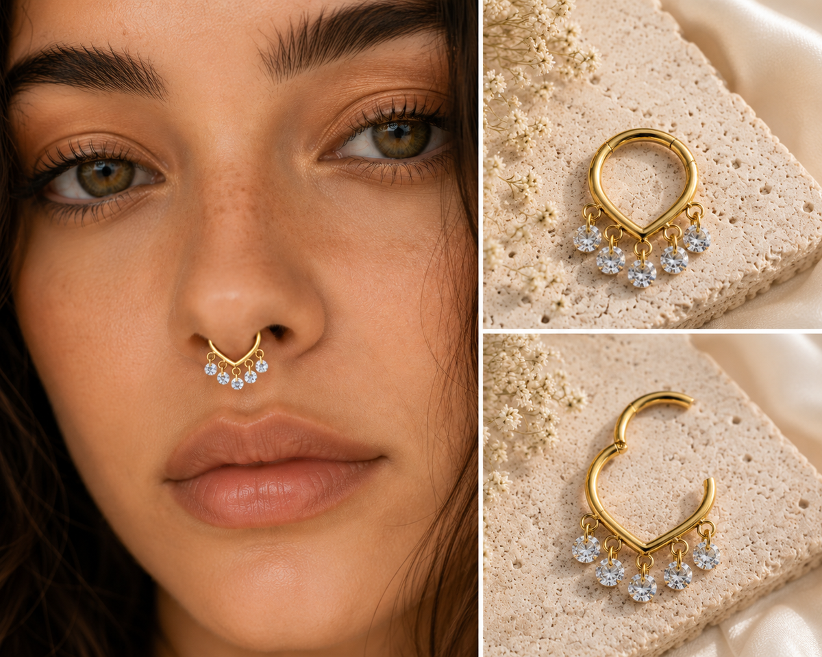 ✨ Premium Titan Septum Clicker Gold mit Kristall-Anhängern ✨