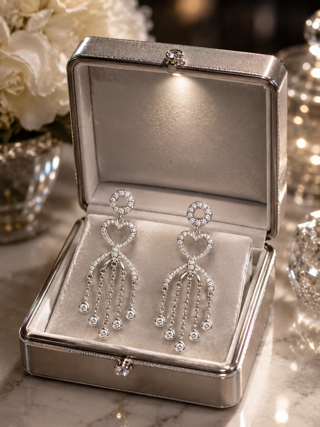 ✨ Premium Silver Heart Tassel Earrings – Luxury Crystal Collection 💎