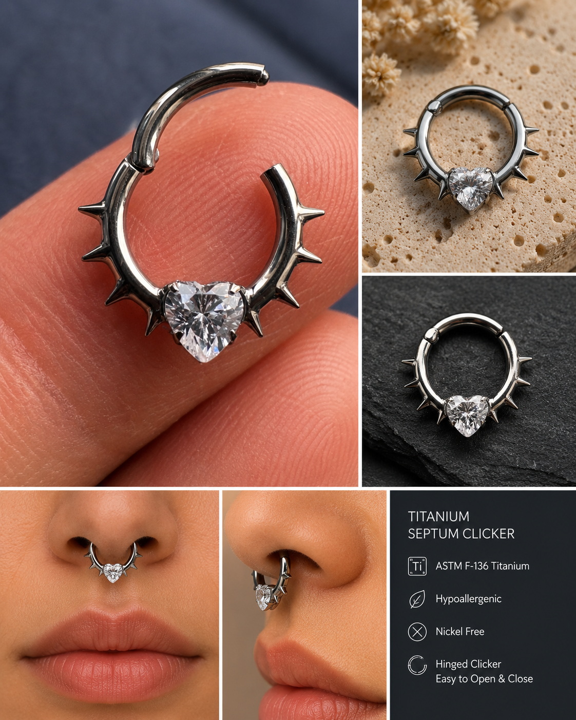 ✨ Premium Titan Septum Clicker mit Herz-Kristall – Titanfarbe ✨