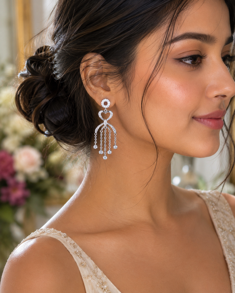 ✨ Premium Silver Heart Tassel Earrings – Luxury Crystal Collection 💎