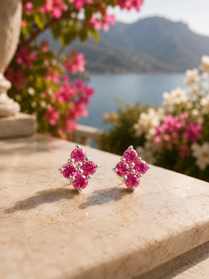 💗 Premium Silver Pink Crystal Flower Stud Earrings ✨