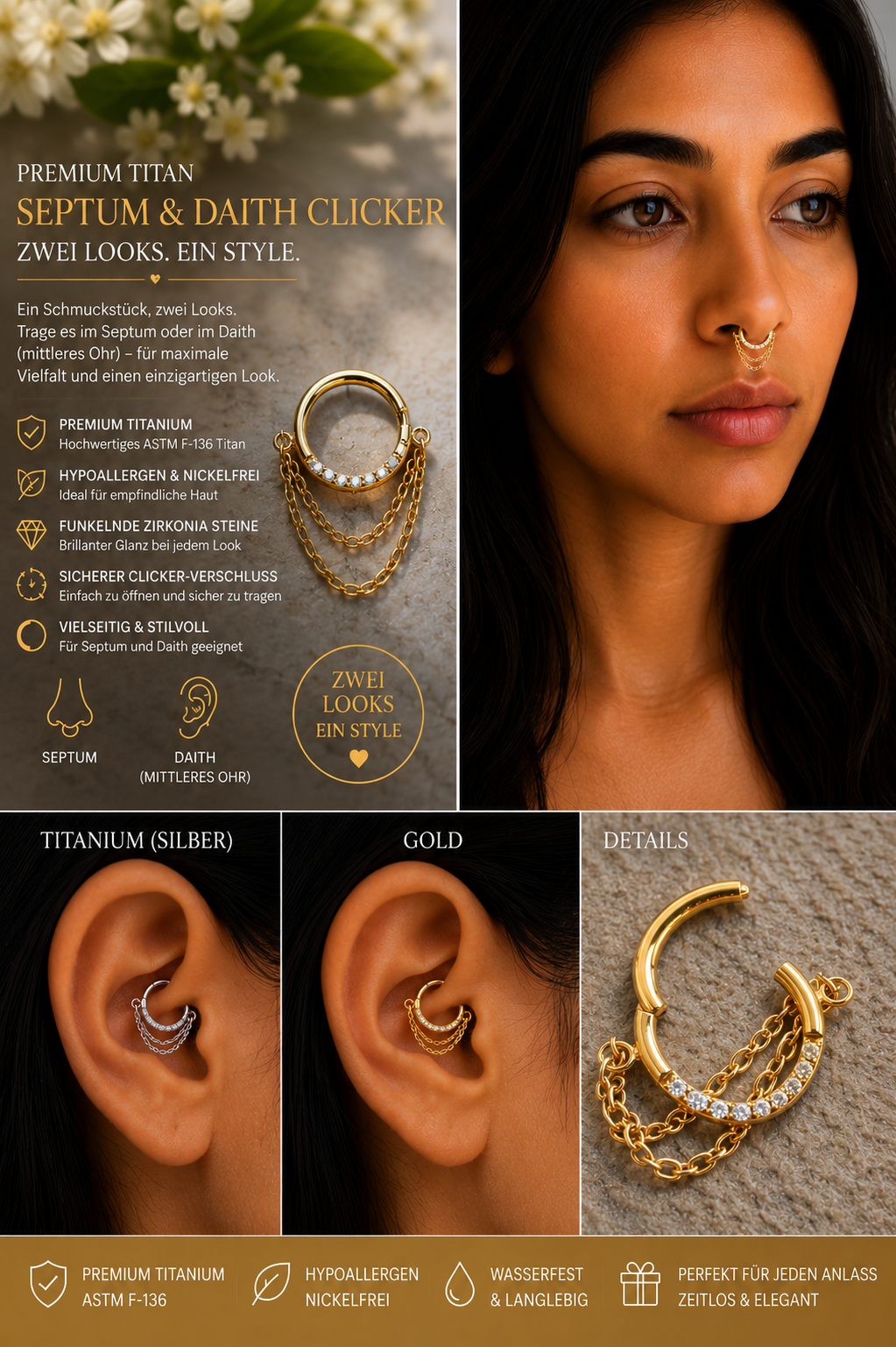 ✨ Premium Titanium Septum & Daith Clicker mit Kristallketten – Luxus trifft Eleganz ✨