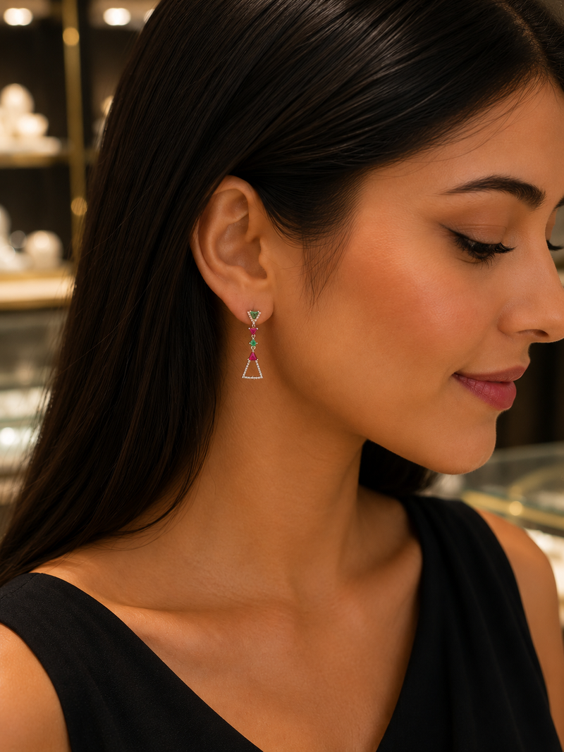💚💖 Premium Silver Crystal Geometric Earrings – Emerald & Rose Collection 💎