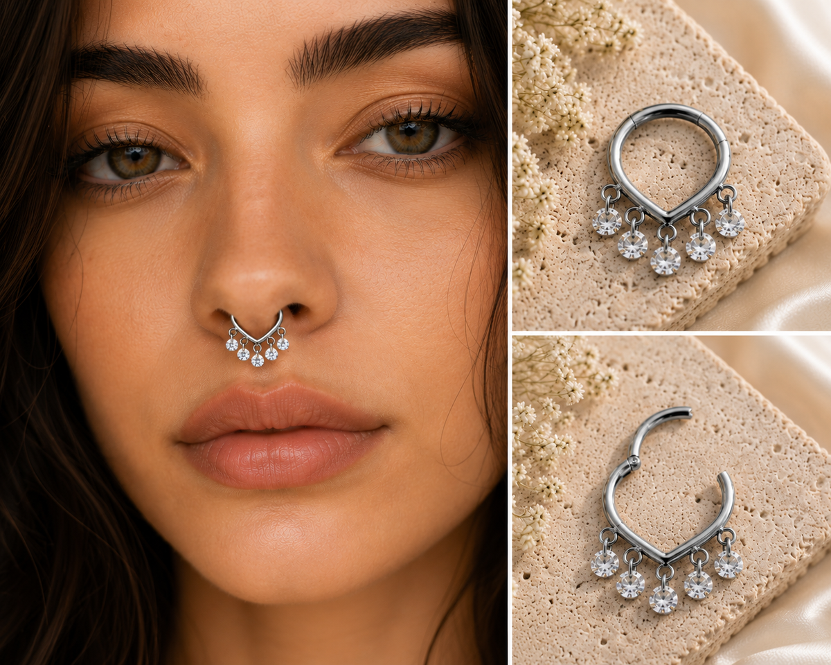 ✨ Premium Titan Septum Clicker Silberfarben mit Kristall-Anhängern ✨