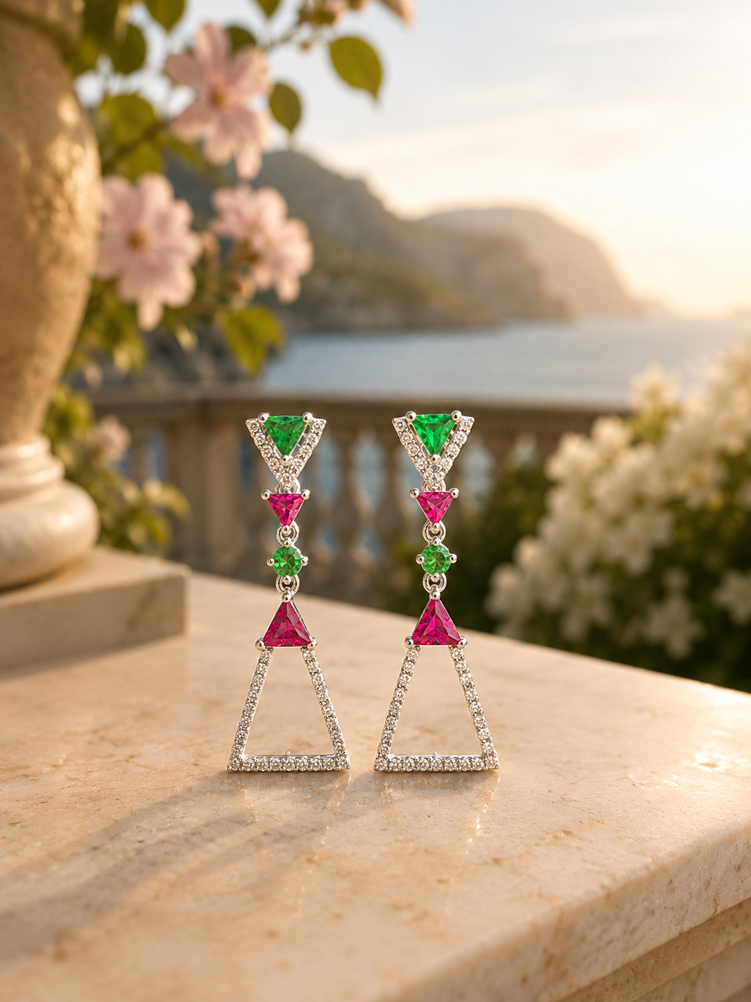 💚💖 Premium Silver Crystal Geometric Earrings – Emerald & Rose Collection 💎