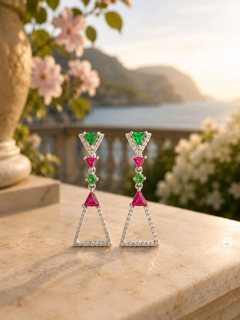 💚💖 Premium Silver Crystal Geometric Earrings – Emerald & Rose Collection 💎