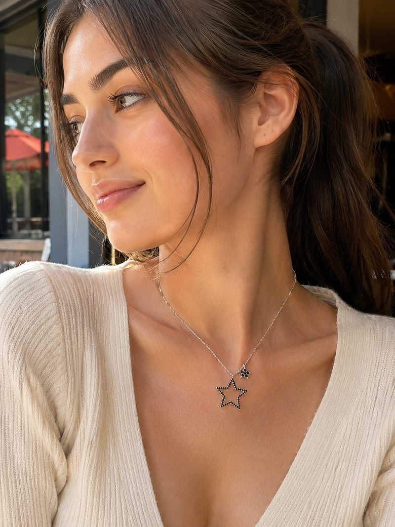 ⭐ Premium Silver Black Crystal Star Necklace Set – Elegant Celestial Collection ✨