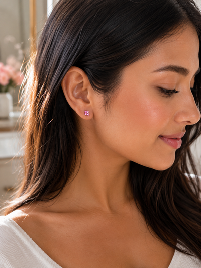 💗 Premium Silver Pink Crystal Flower Stud Earrings ✨ View 3