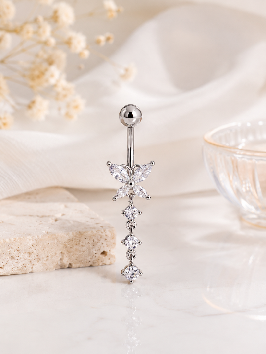 Luxury Titanium Butterfly Belly Piercing – Crystal Dangle Navel Ring ✨