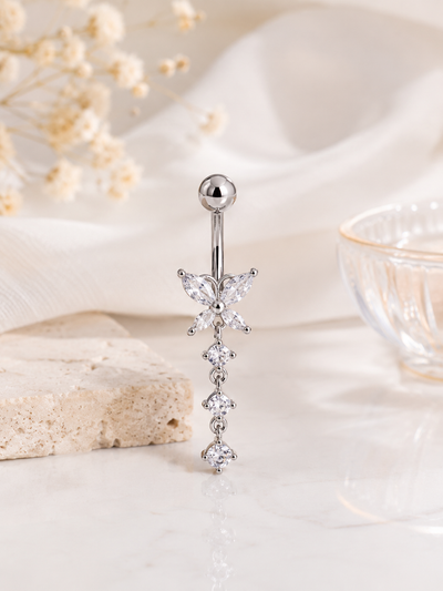 Luxury Titanium Butterfly Belly Piercing – Crystal Dangle Navel Ring ✨ View 0