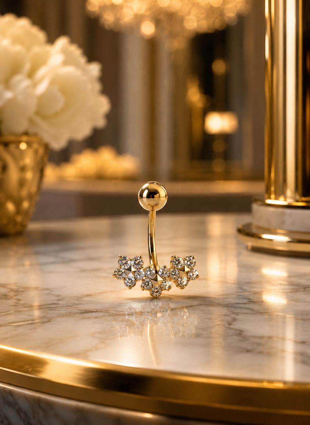 Luxury Crystal Titanium Belly Piercing – Gold Blossom Edition ✨