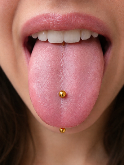 Gold Titanium Tongue Piercing ✨ View 2