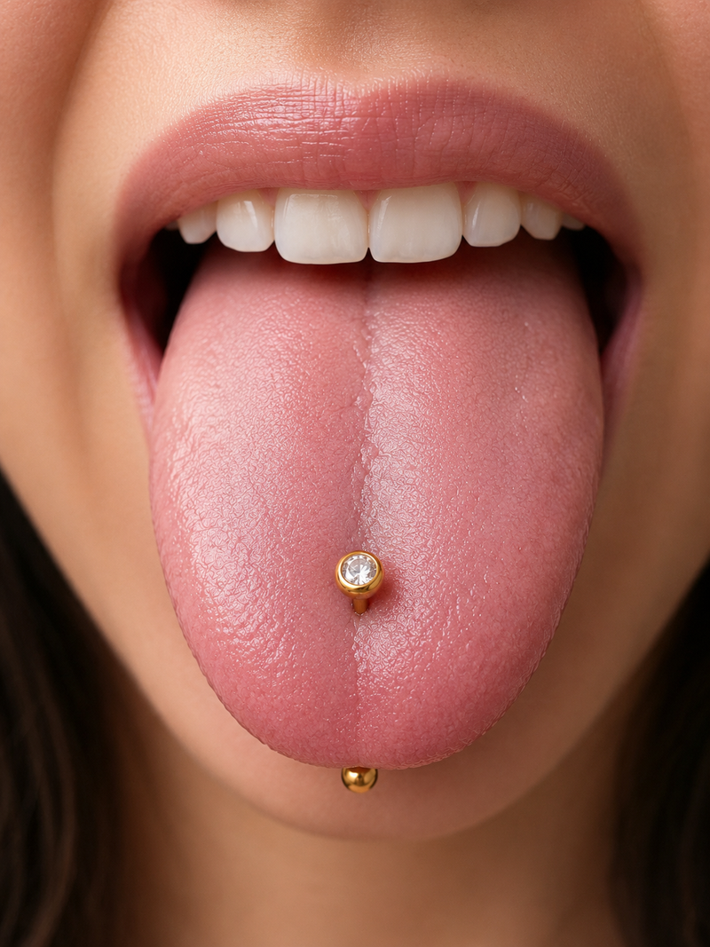 Titanium Crystal Tongue Piercing – Gold Luxury Edition 💎