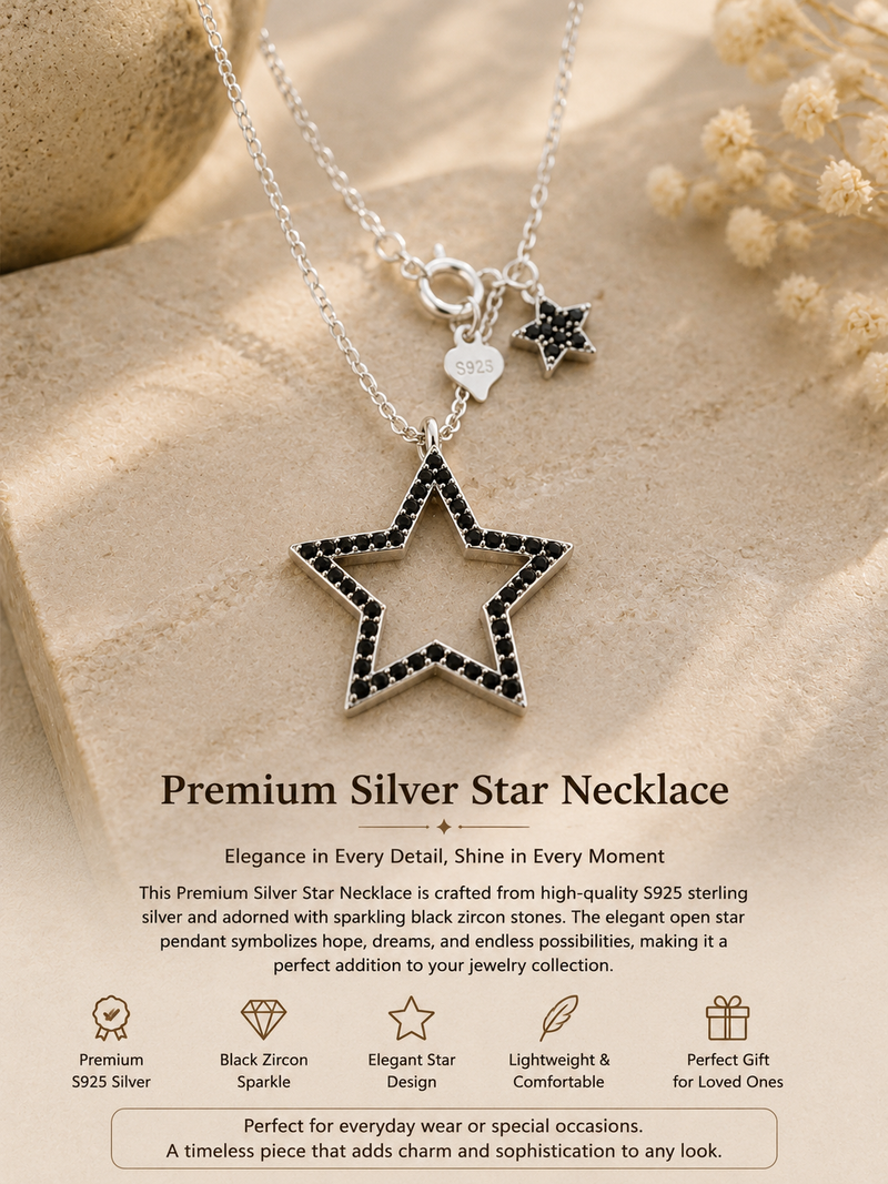 ⭐ Premium Silver Black Crystal Star Necklace Set – Elegant Celestial Collection ✨