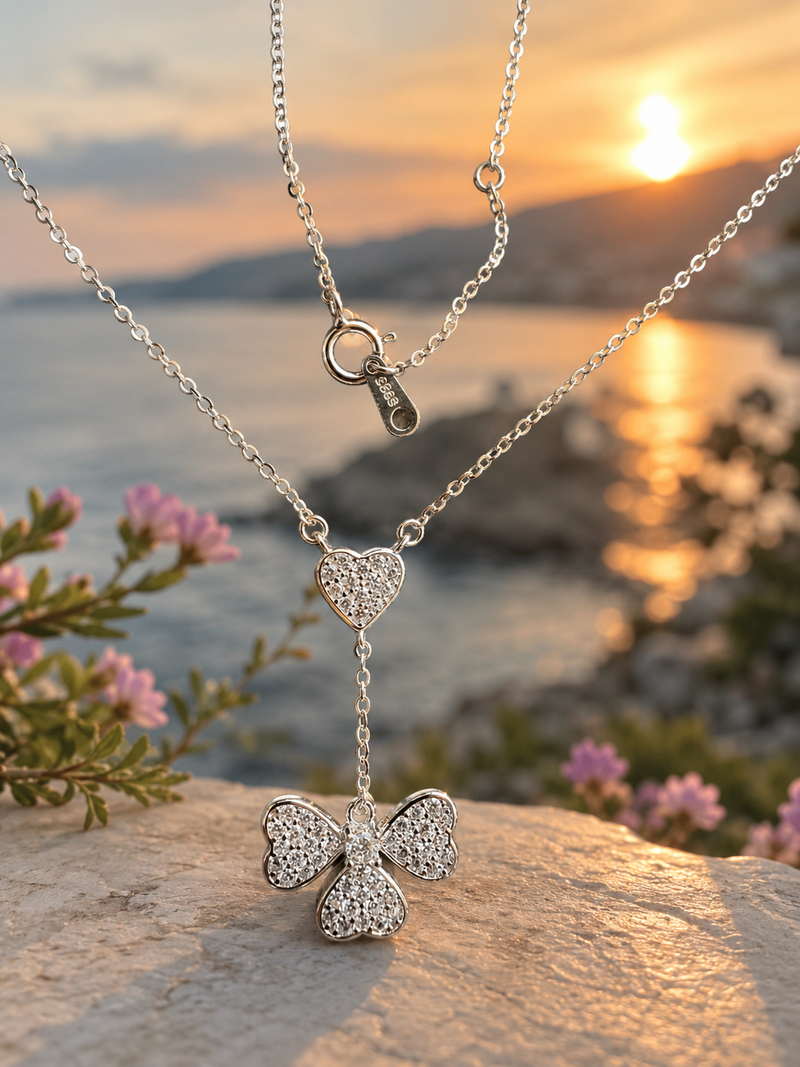 Premium Silver Heart & Butterfly Necklace ✨