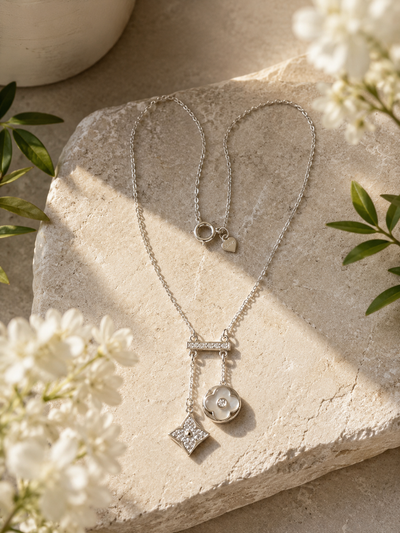Premium Silver Clover & Crystal Charm Necklace ✨ View 0