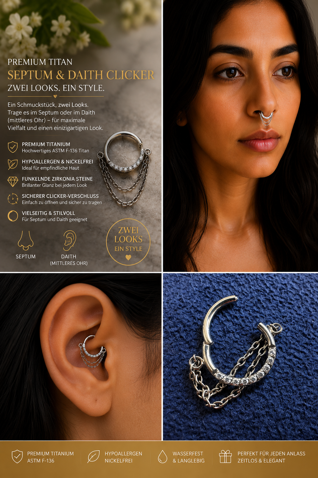 ✨ Premium Titanium Septum & Daith Clicker mit Kristallketten – Luxus trifft Eleganz ✨