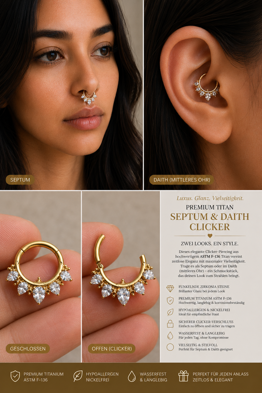 ✨ Premium Titan Septum & Daith Clicker – Kristall Kronen Design ✨