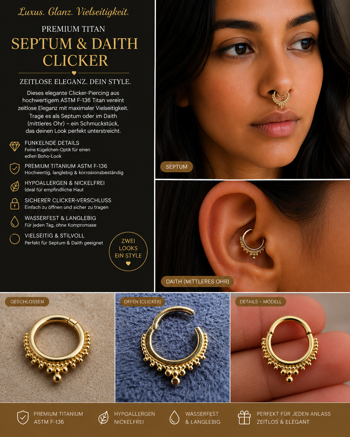 Premium Titan Septum & Daith Clicker – Eleganz in Gold✨
