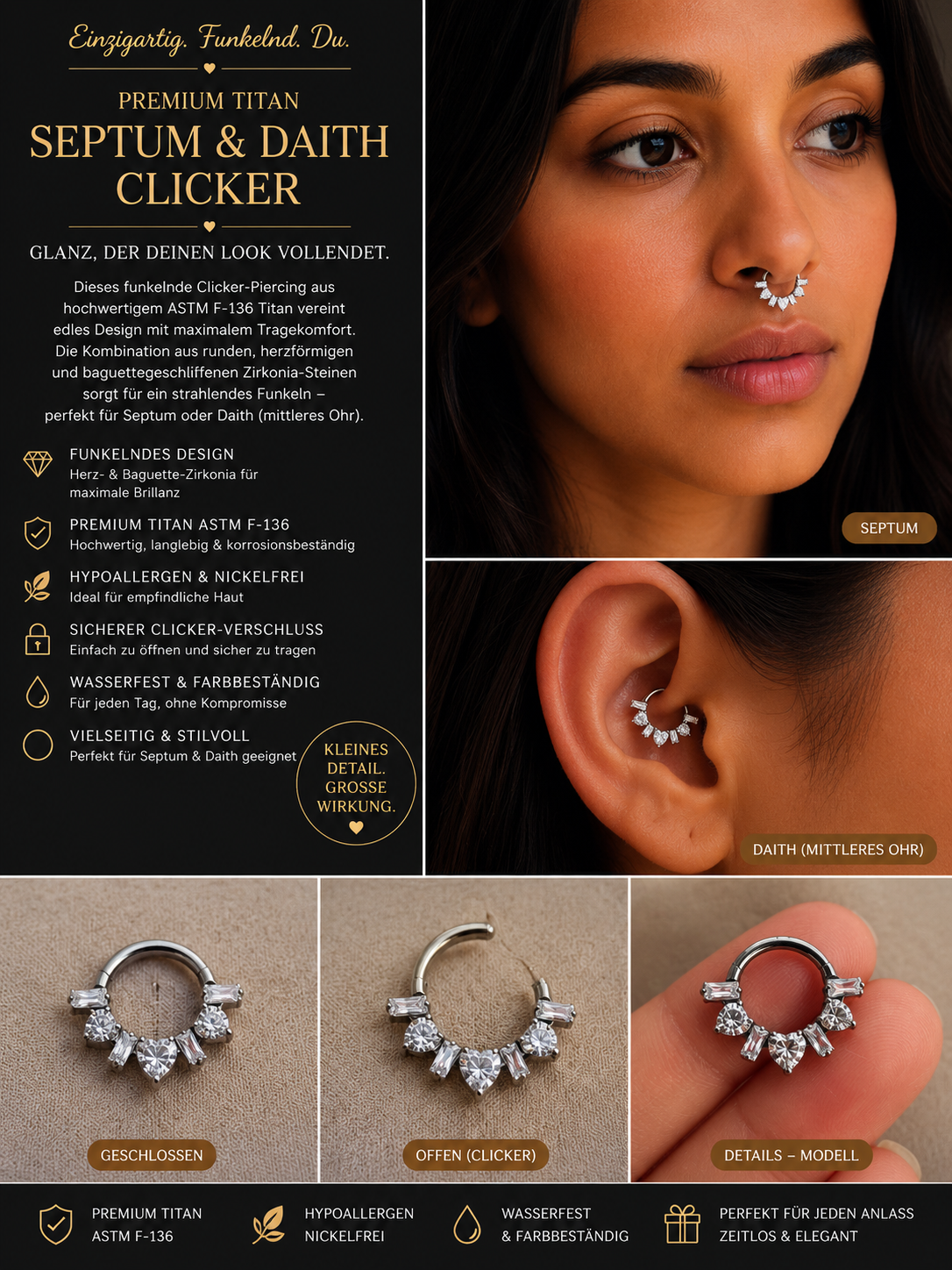 Premium Titan Septum Clicker mit Kristallherzen – Hypoallergen & Funkelnd ✨