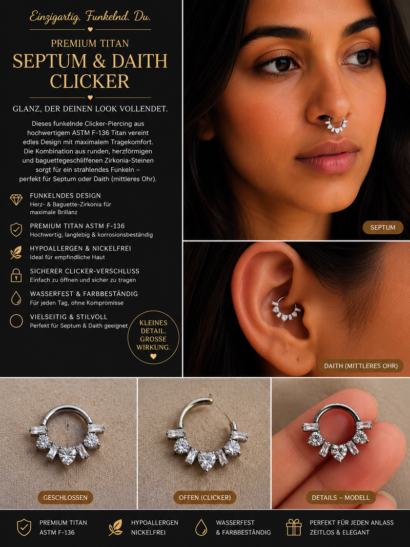 Premium Titan Septum Clicker mit Kristallherzen – Hypoallergen & Funkelnd ✨