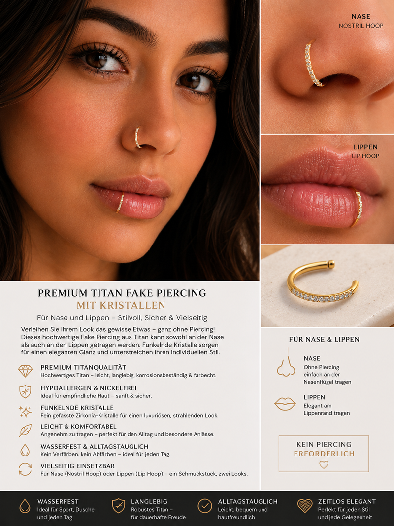 Premium Titan Fake Piercing mit Kristallen – Für Nase & Lippen ✨